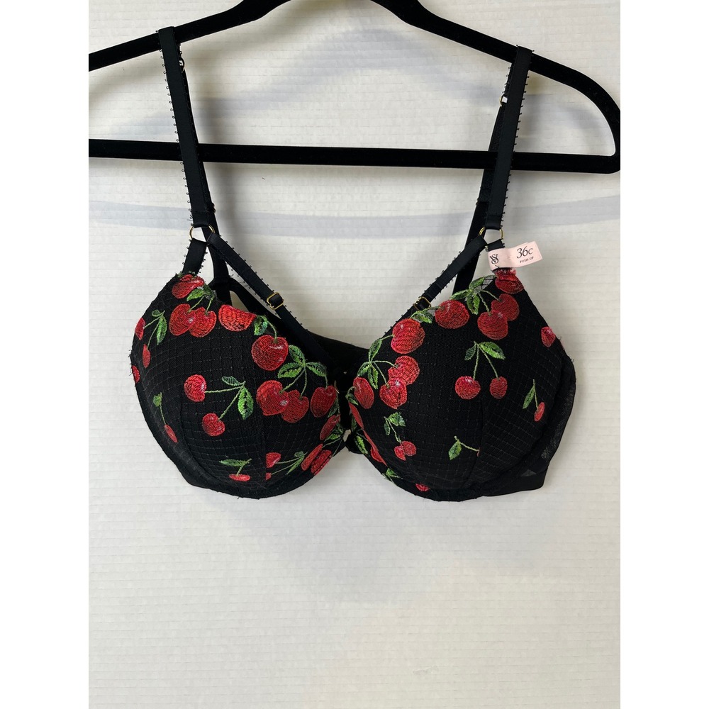 Victoria's Secret Very Sexy Black Cherry Embroidered Push Up Bra 36C Strappy